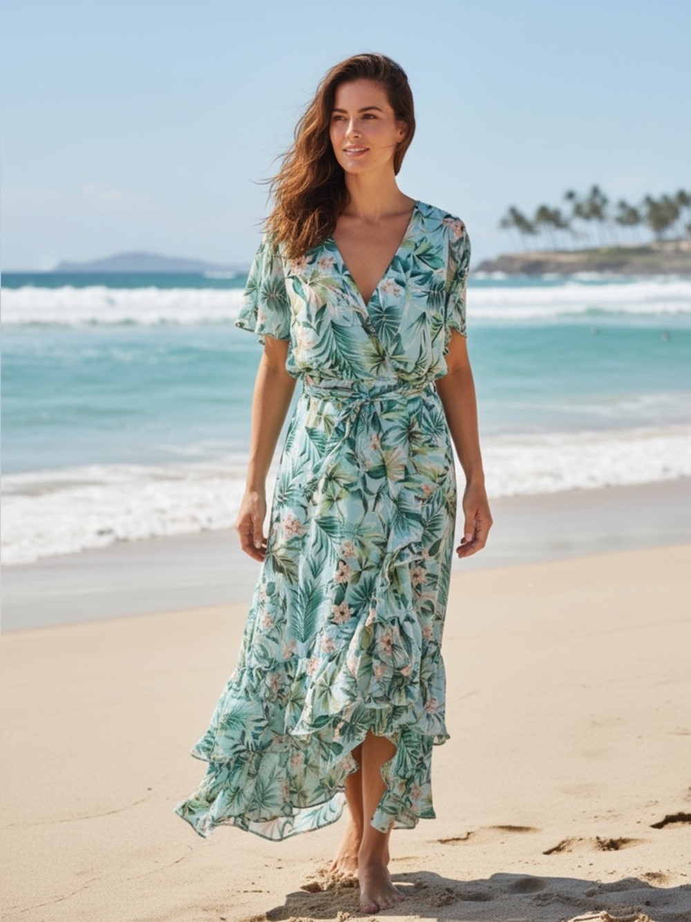 AMTIOUS Floral Print‎ VNeck Short Sleeve Tie Waist Ruffled Maxi Dress Small